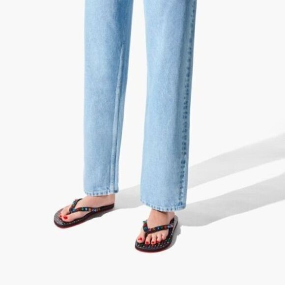 CHRISTIAN LOUBOUTIN Loubi Flip Flop Spikes Donna Flat Black Mix Studded - Picture 2 of 10